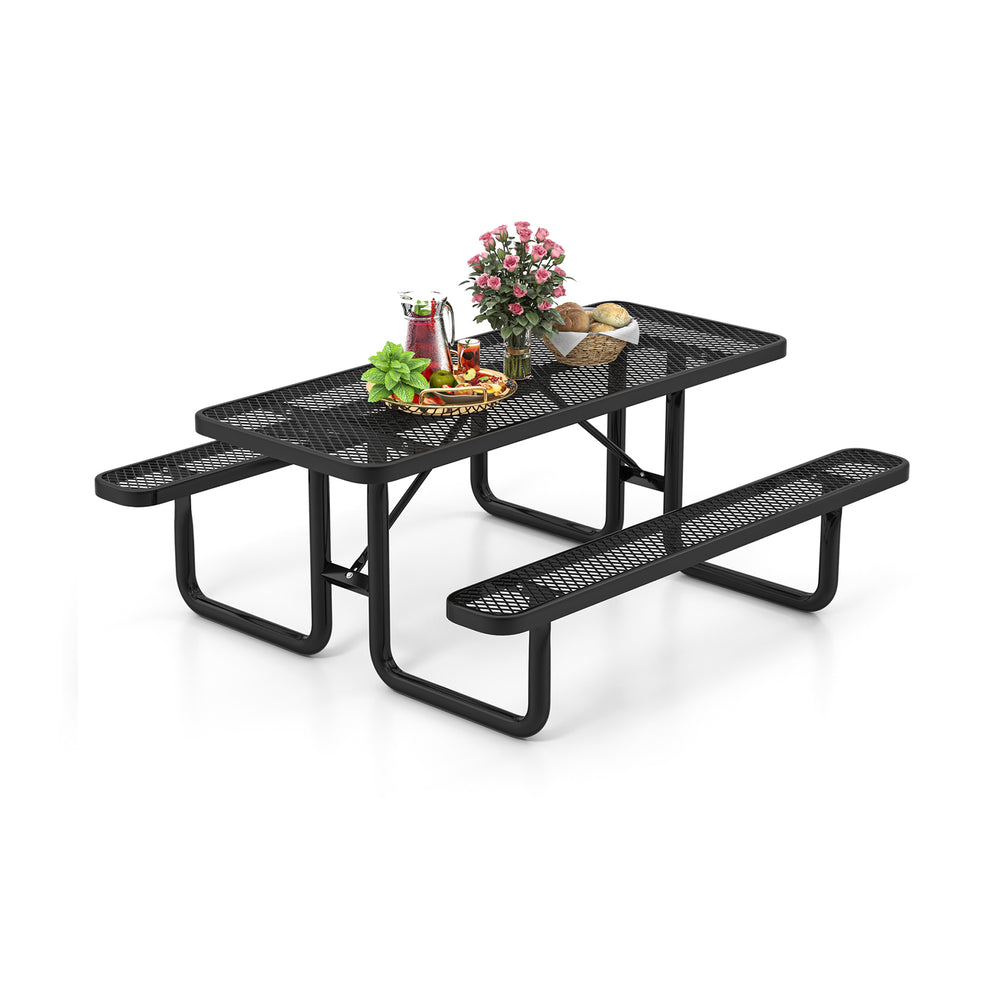 Black outdoor picnic table with benches, featuring durable weather-resistant construction for gardens and patios.
