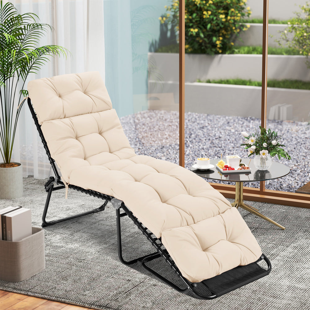 High back outdoor lounge chaise cushion in beige, 73"x22", featuring string ties for secure placement.