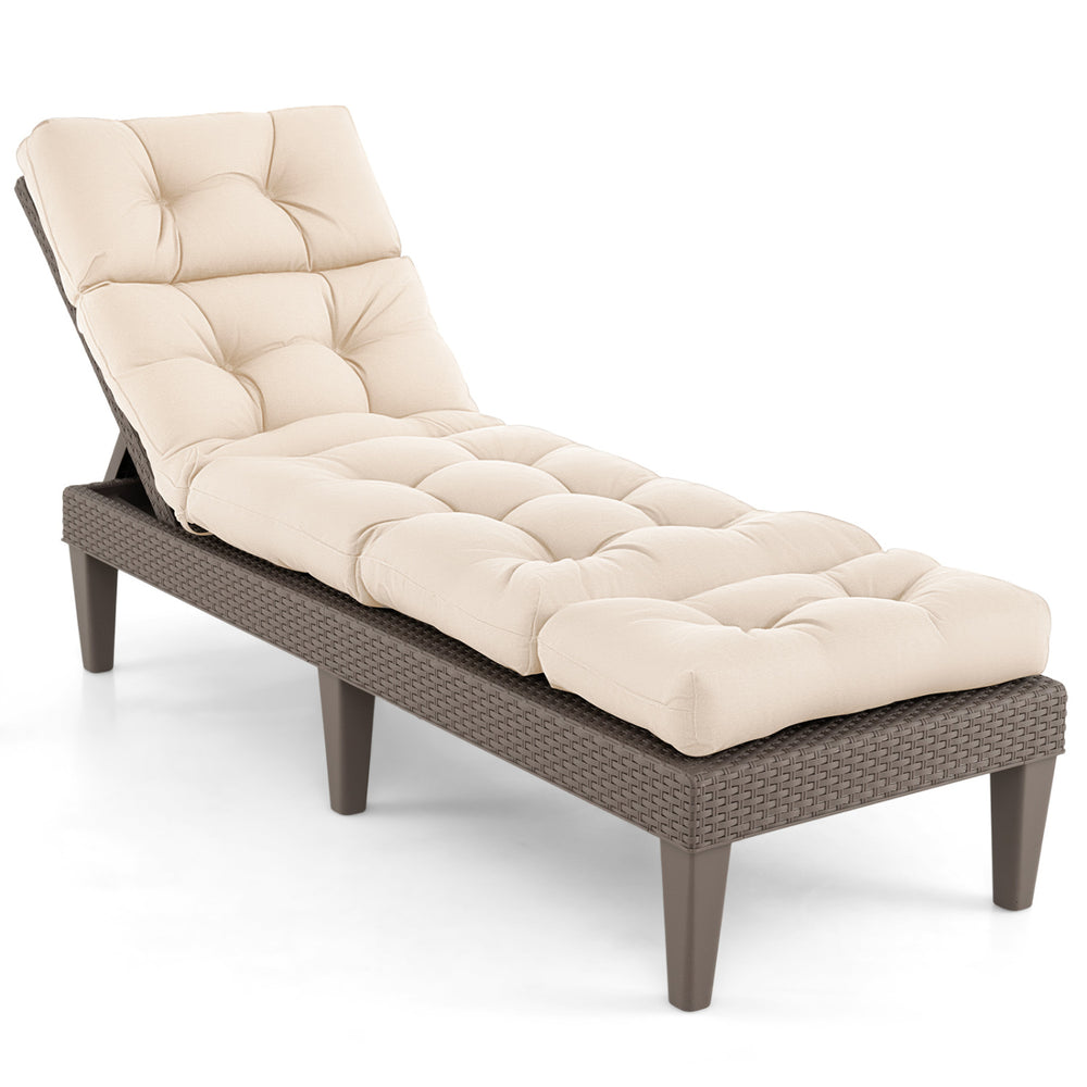 Outdoor lounge chaise with high back, featuring a beige cushion and PE rattan base, perfect for relaxing outdoors.