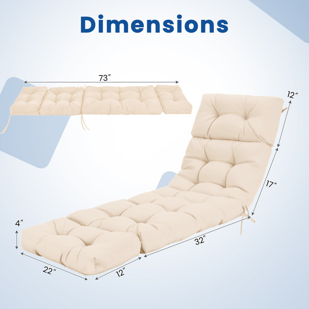 Outdoor lounge chaise cushion in cream, 73"x22" with high back and string ties, shown with dimensions for easy.