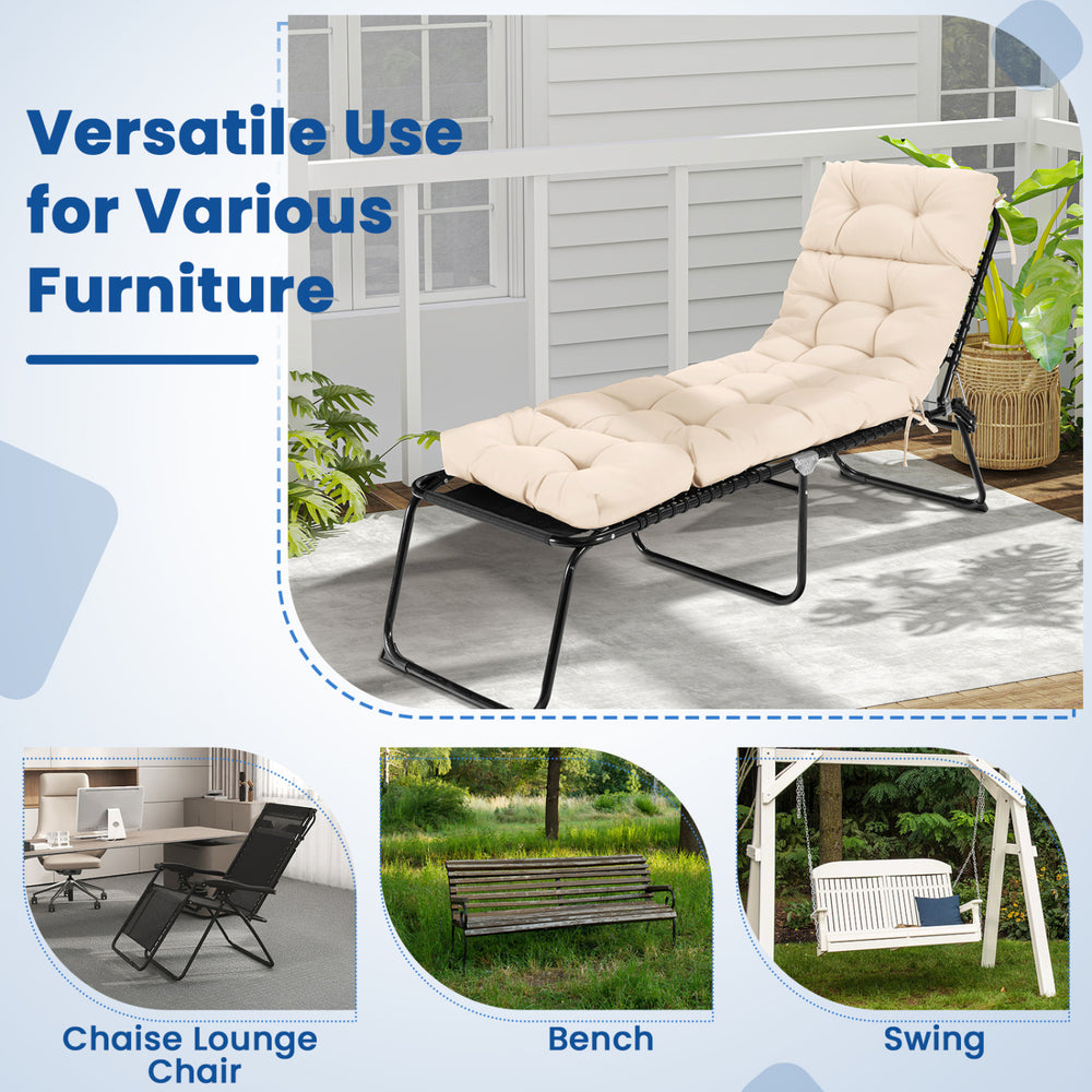 Outdoor lounge chaise cushion in cream, 73"x22", featuring high back and string ties for versatile outdoor furniture.