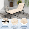 High back outdoor lounge chaise cushion in beige, featuring tufted design and secure string ties for attachment.