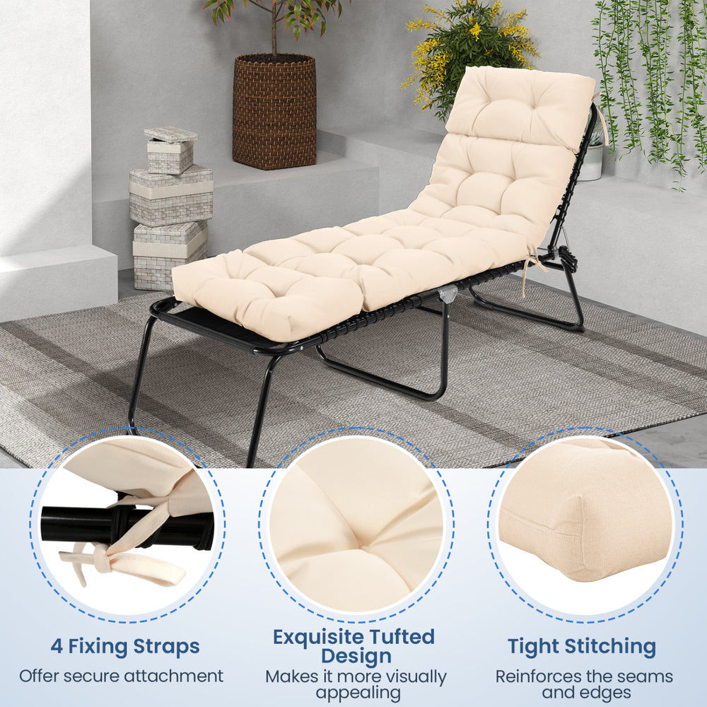 High back outdoor lounge chaise cushion in beige, featuring tufted design and secure string ties for attachment.