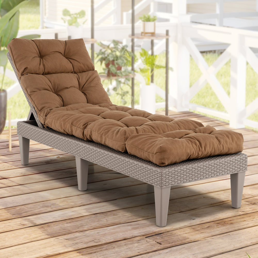 Brown outdoor lounge chaise cushion with string ties, featuring thickened high resilience cotton for comfort, ideal for.
