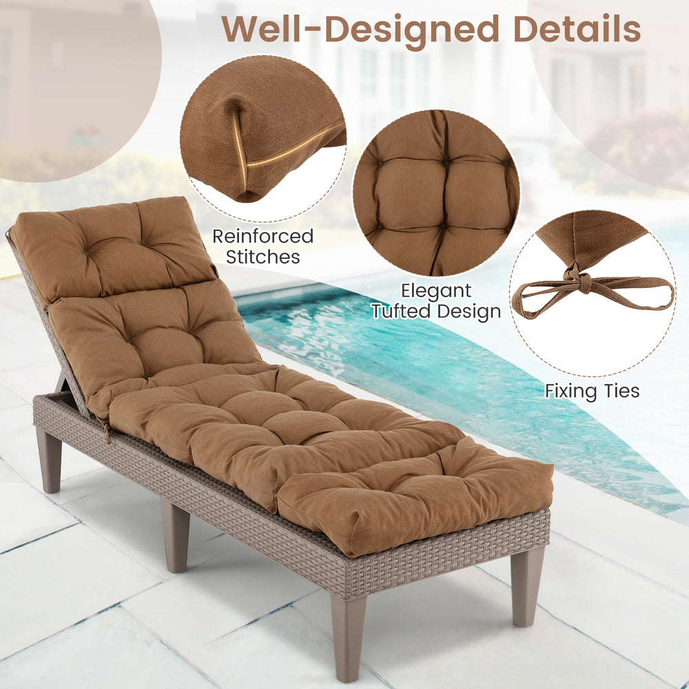 Brown outdoor lounge chaise cushion with string ties, featuring tufted design and reinforced stitches for garden.