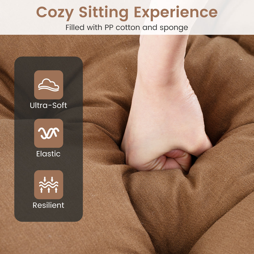 Brown outdoor lounge chaise cushion featuring string ties, made with high resilience cotton for optimal comfort.