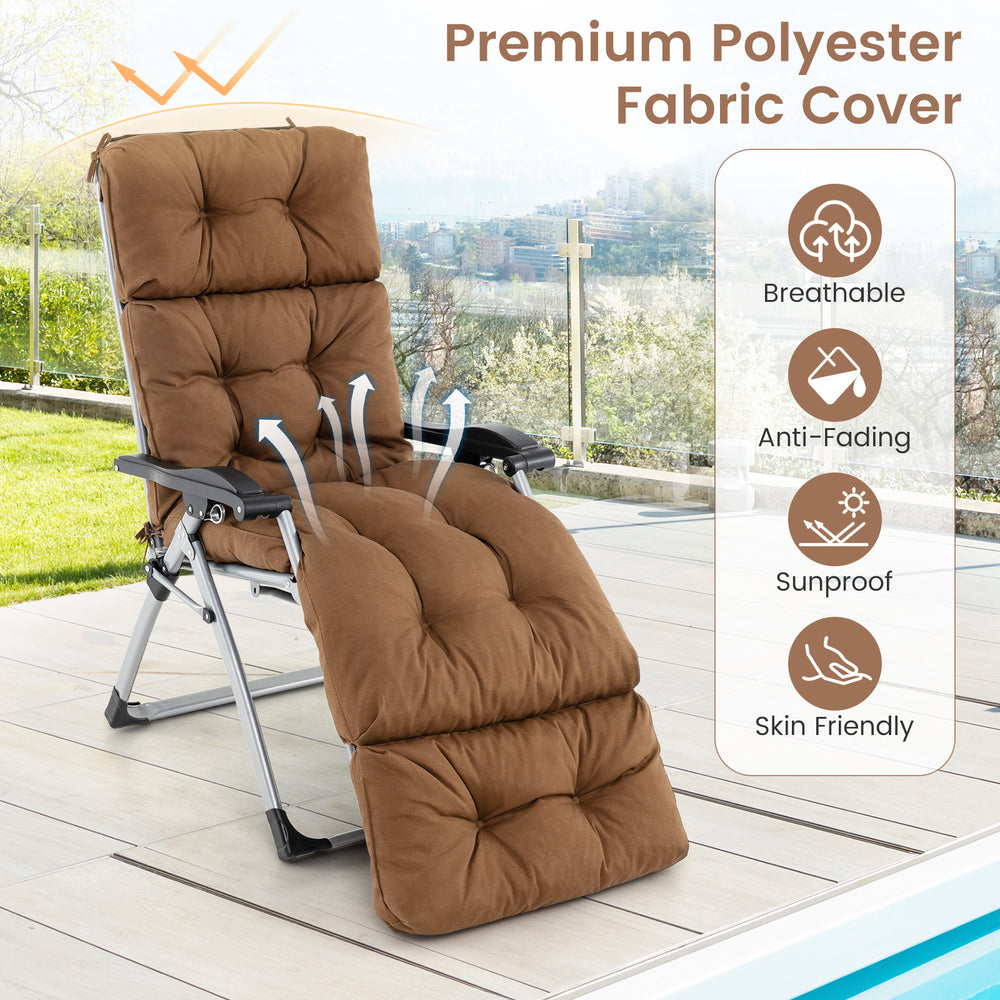 Brown outdoor lounge chaise cushion with string ties, breathable fabric, and high resilience cotton for optimal comfort.