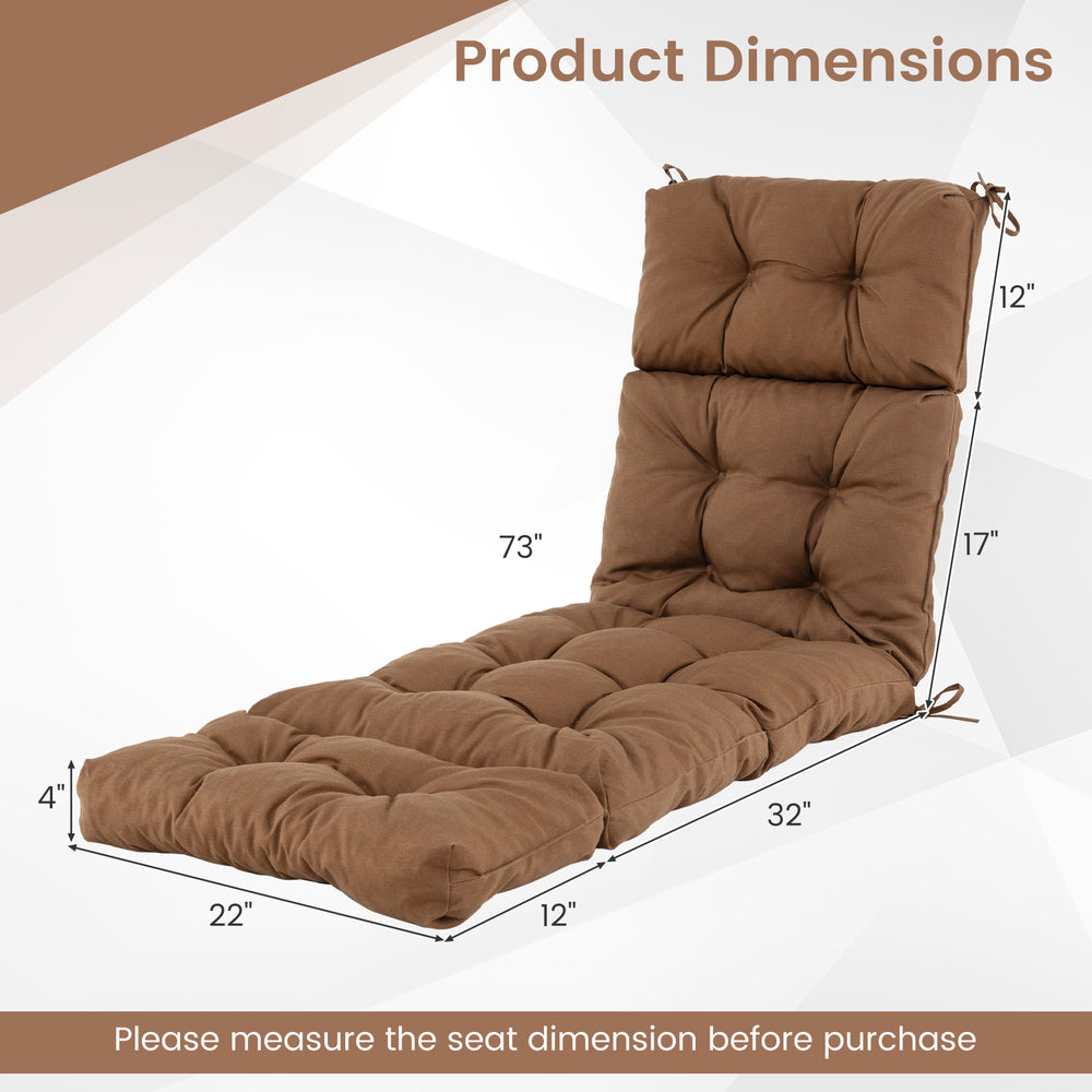 Brown outdoor lounge chaise cushion with string ties, measuring 73"x22"x4", ideal for garden or poolside use.