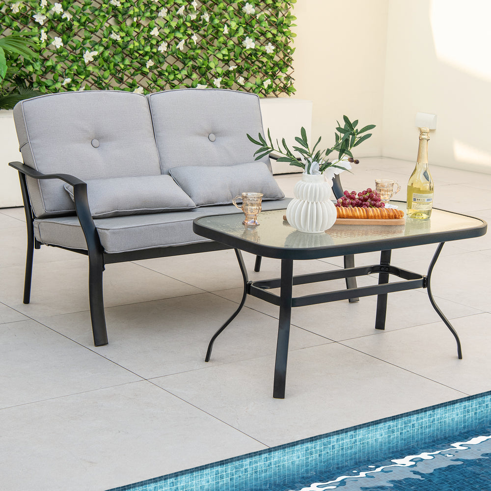 Outdoor Loveseat Chair Set with Tempered Glass Coffee Table - Gallery View 1 of 7