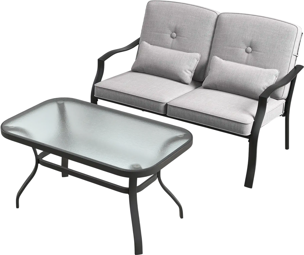 Outdoor loveseat chair set with soft cushions and a tempered glass coffee table, perfect for backyard relaxation.