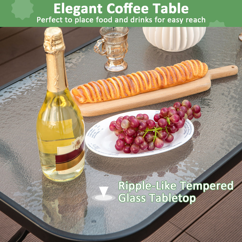 Ripple-like tempered glass coffee table with food and drinks, perfect for outdoor relaxation by the poolside or balcony.