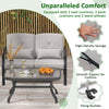 Outdoor loveseat chair set with soft cushions, fixing buckles, and a tempered glass coffee table for backyard.