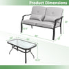 Product dimensions for the outdoor loveseat chair set with tempered glass coffee table, showcasing size details.