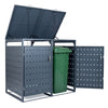 Outdoor metal garbage bin storage shed for 2 trash cans in gray, featuring dual access and reinforced structure for.