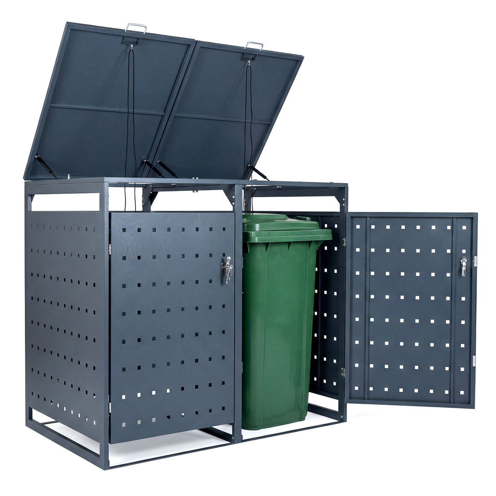 Outdoor metal garbage bin storage shed for 2 trash cans in gray, featuring dual access and reinforced structure for.