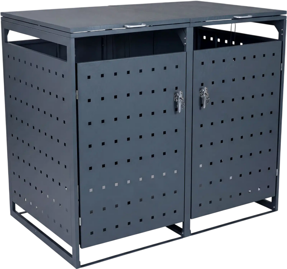 Outdoor metal garbage bin storage shed for 2 trash cans in gray, featuring reinforced structure and wide-opening front.