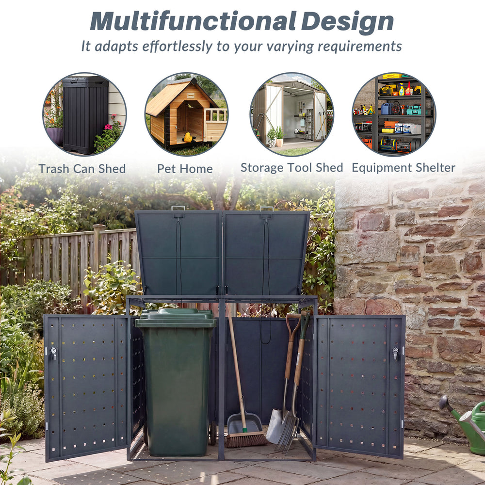 Outdoor metal garbage bin storage shed in gray, designed for dual trash can storage and multifunctional use in gardens.