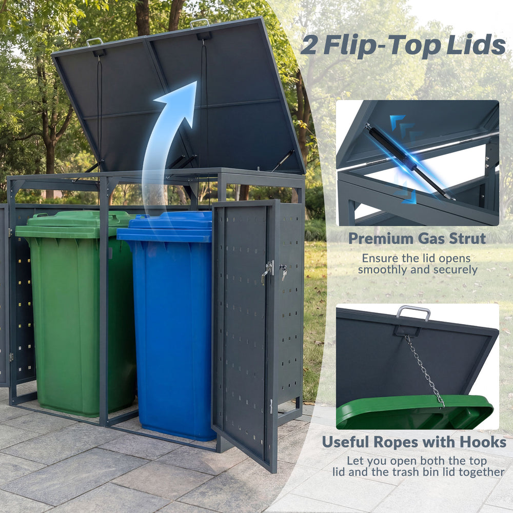 Outdoor metal garbage bin storage shed with dual flip-top lids for organized trash can enclosure in gray.