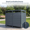 Outdoor metal garbage bin storage shed with dual lockable doors for secure trash can organization in gray.