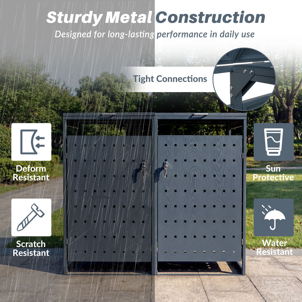 Outdoor metal garbage bin storage shed for 2 trash cans, gray, featuring sturdy construction and wide-opening front.