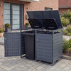 Outdoor metal garbage bin storage shed for two trash cans, gray, with reinforced structure and wide-opening front doors.