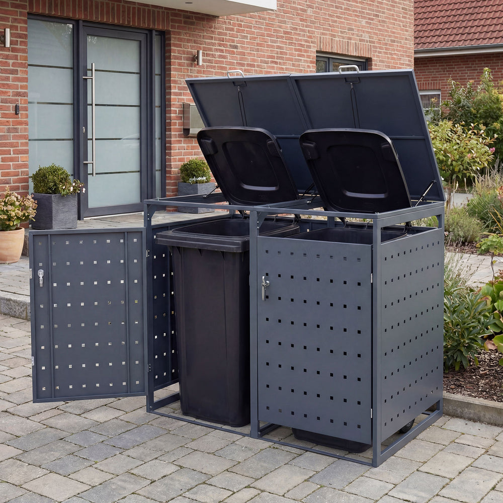 Outdoor metal garbage bin storage shed for two trash cans, gray, with reinforced structure and wide-opening front doors.