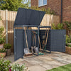 Gray outdoor metal garbage bin storage shed with dual trash can enclosure, ideal for garden and patio organization.