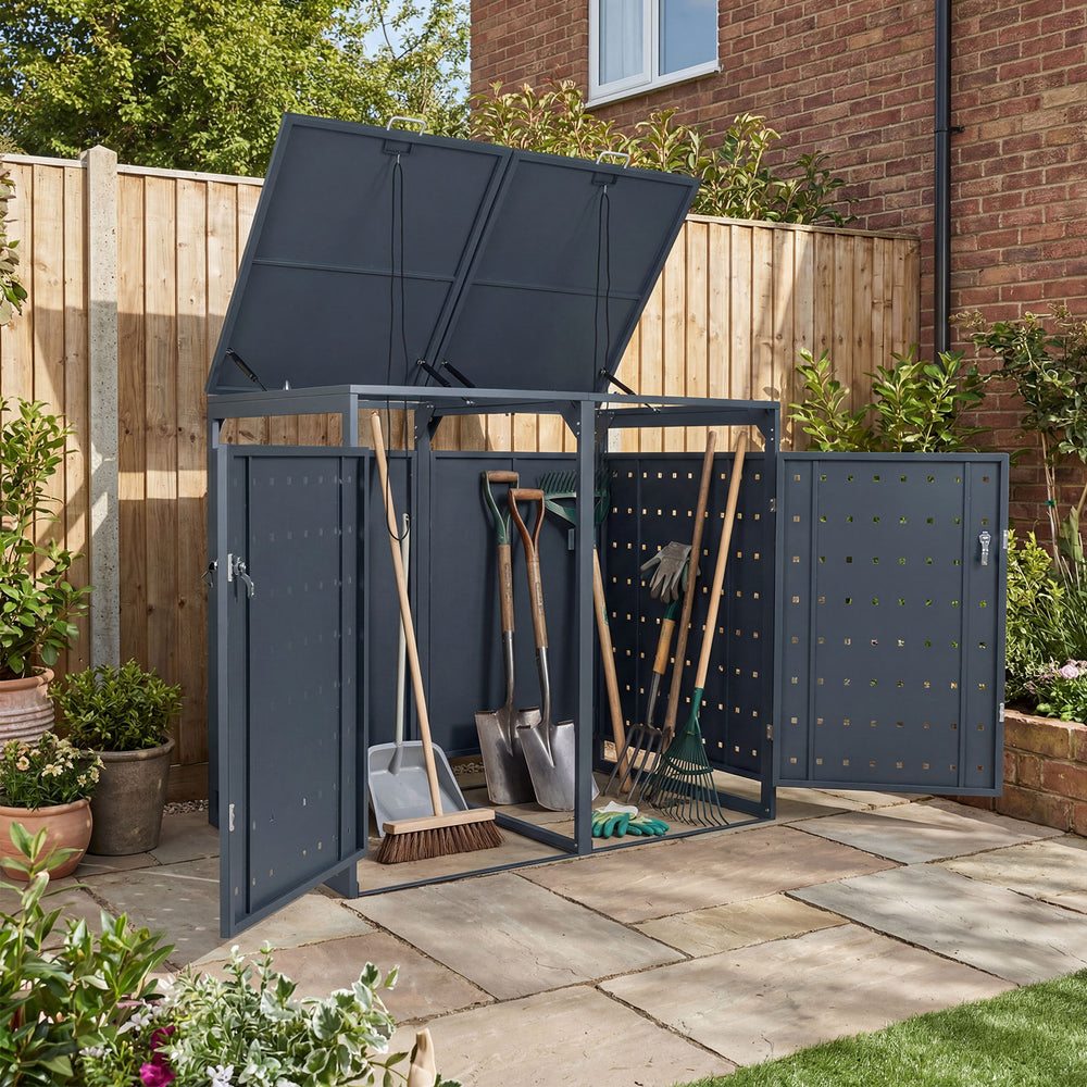 Gray outdoor metal garbage bin storage shed with dual trash can enclosure, ideal for garden and patio organization.