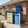 Outdoor metal garbage bin storage shed for 2 trash cans in yellow, featuring gas-strut lids and lockable front doors.