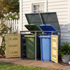 Outdoor metal garbage bin storage shed for two trash cans with gas-strut lids, lockable handle, and wide-opening front.