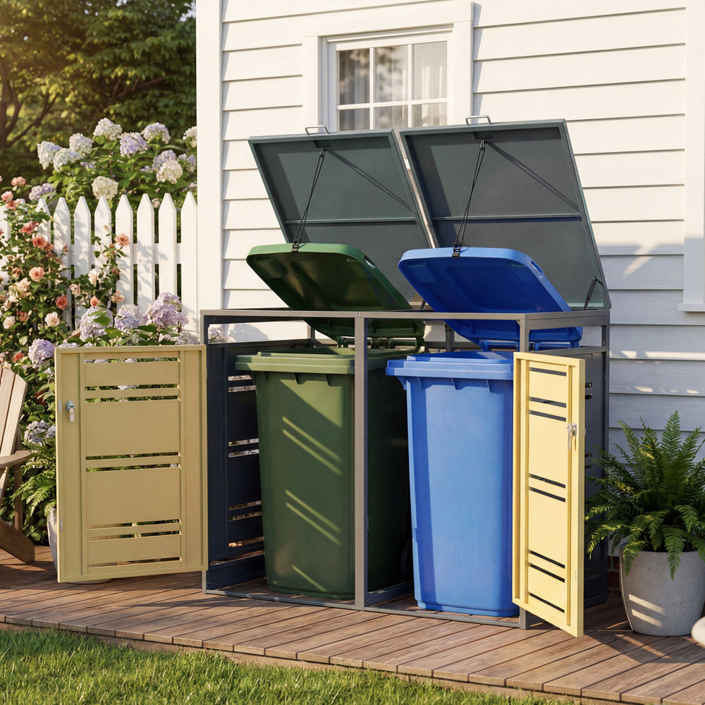 Outdoor metal garbage bin storage shed for two trash cans with gas-strut lids, lockable handle, and wide-opening front.