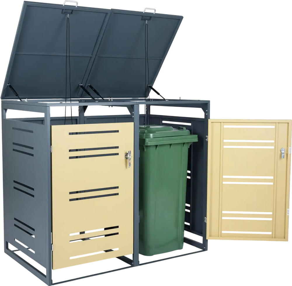 Outdoor metal garbage bin storage shed for 2 trash cans with yellow doors and gas-strut lids for easy access.