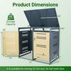Outdoor metal garbage bin storage shed dimensions for 2 trash cans, featuring a reinforced frame and gas-strut top lids.