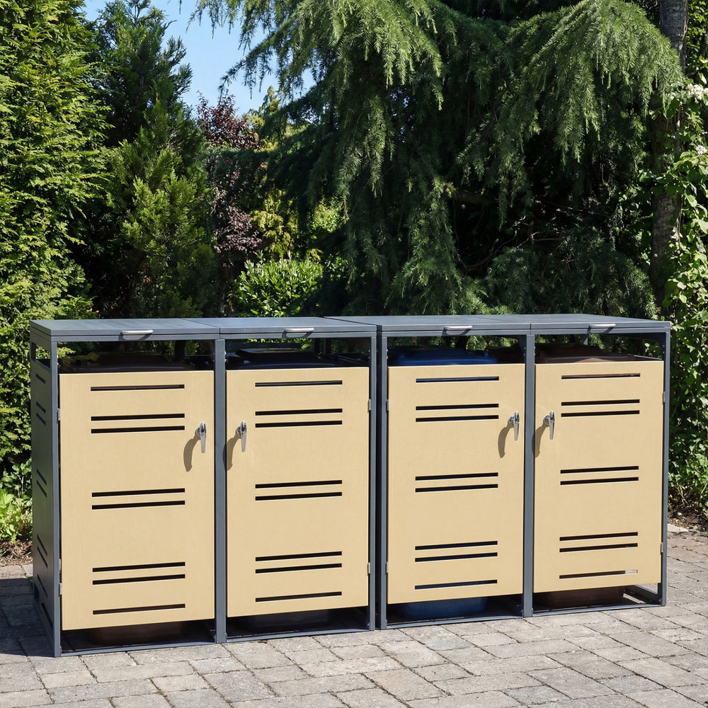 Outdoor metal garbage bin storage shed for 2 trash cans in yellow, featuring gas-strut lids and lockable handles for.