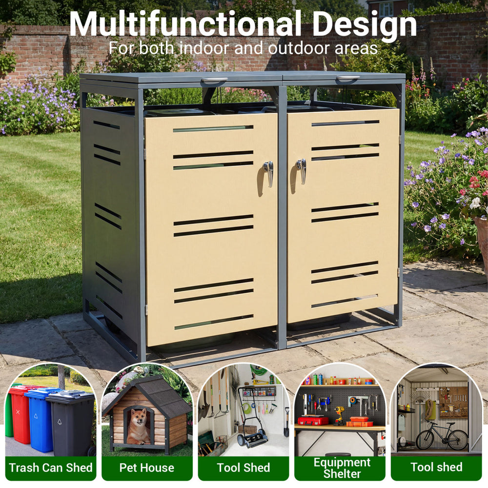 Outdoor metal garbage bin storage shed for 2 trash cans in yellow, featuring dual-bin design and lockable front doors.