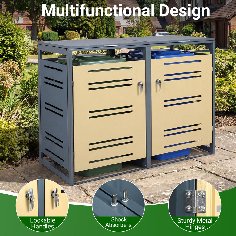 Outdoor metal garbage bin storage shed for 2 trash cans in yellow, featuring lockable handles and gas-strut top lids.