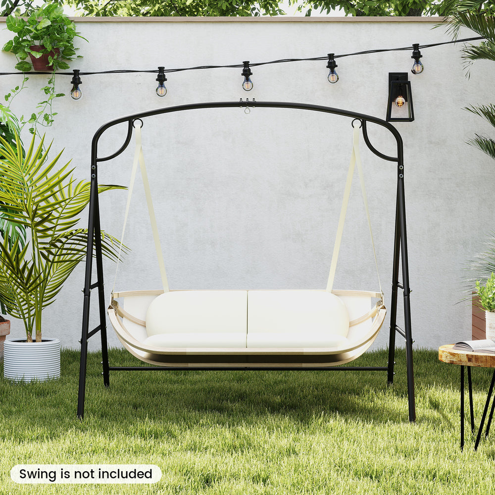 Outdoor metal swing stand in black with heavy-duty frame and 4 support bars, ideal for porch swings and hammocks.