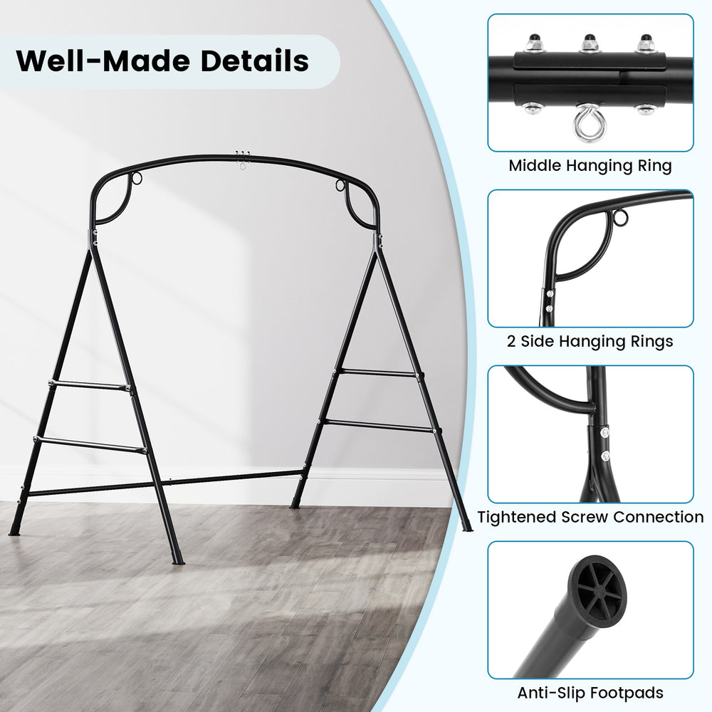 Outdoor metal swing stand with 4 support bars, featuring side and middle hanging rings for versatile use.