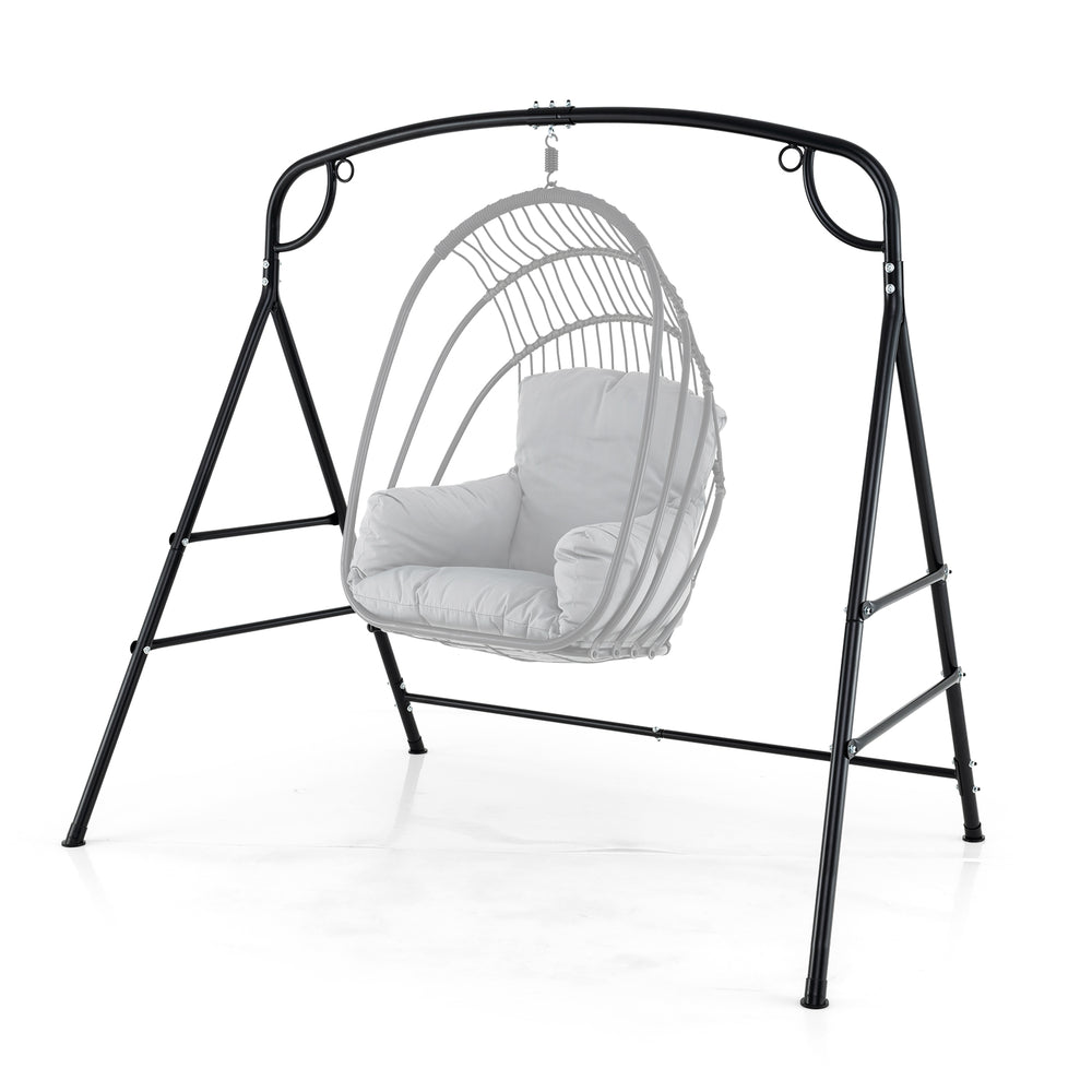 Black outdoor metal swing stand with heavy-duty frame, designed for single-point and 2-point hanging options.