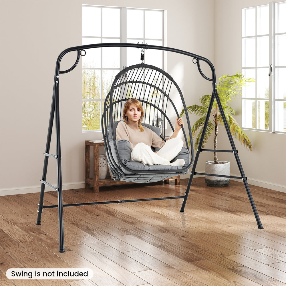 Outdoor metal swing stand with 4 support bars, designed for stability and suitable for various hanging chairs.