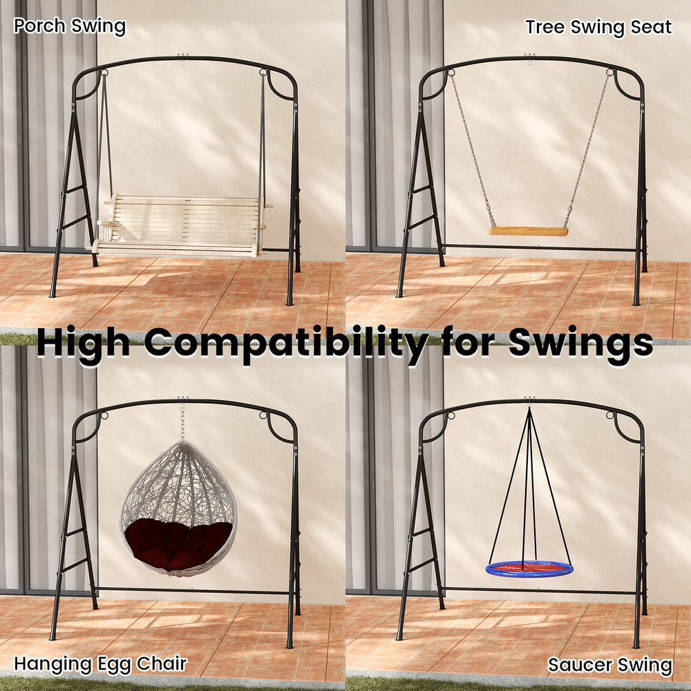 Outdoor metal swing stand with heavy-duty frame, supporting various swings like porch swing and hanging egg chair.