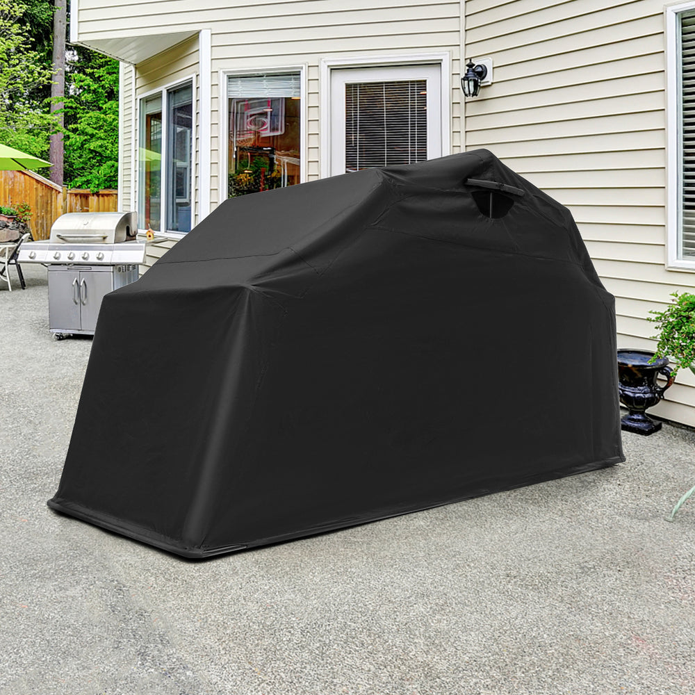 Black outdoor motorcycle shelter made of waterproof 600D Oxford fabric, ideal for motorbike storage and firewood.