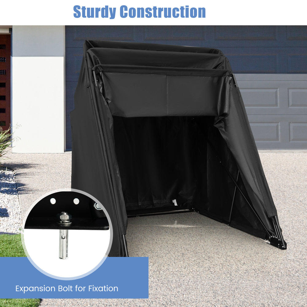 Black outdoor motorcycle shelter with waterproof 600D Oxford fabric, featuring sturdy construction and expansion bolt.