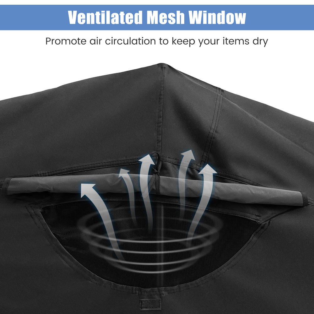 Ventilated mesh window of the black outdoor motorcycle shelter promotes air circulation to keep items dry.