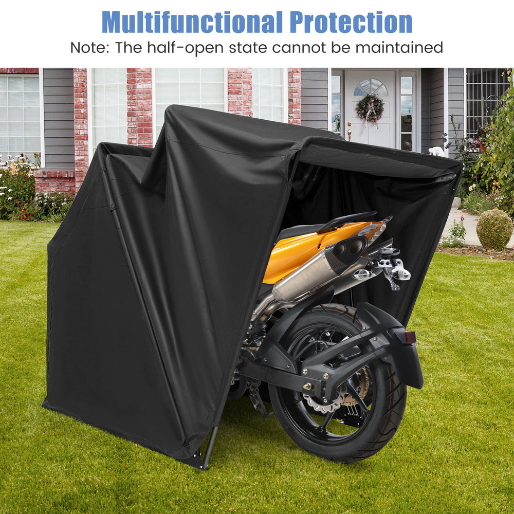 Outdoor motorcycle shelter in black, made of waterproof 600D Oxford fabric, providing versatile storage solutions.