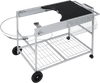 Movable outdoor grill table with adjustable clips, spacious tabletop, and storage racks for 18/22 inch Weber kettles.