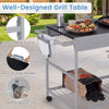 Movable outdoor grill table with robust metal frame, bottle opener, and spacious tabletop for grilling essentials.