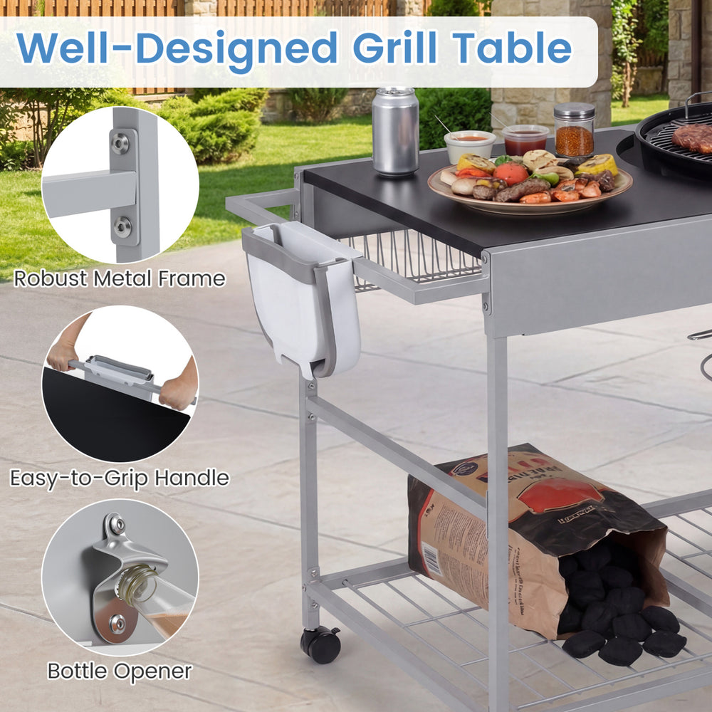 Movable outdoor grill table with robust metal frame, bottle opener, and spacious tabletop for grilling essentials.