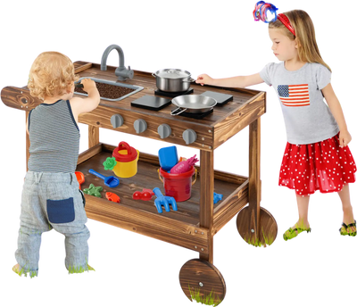 Costway Outdoor Movable Mud Kitchen Playset w/ 2 Rolling Wheels & Push Handle 29843617 New