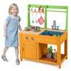 Colorful outdoor mud kitchen playset in orange with stove, sink, and storage for kids aged 3 and up.